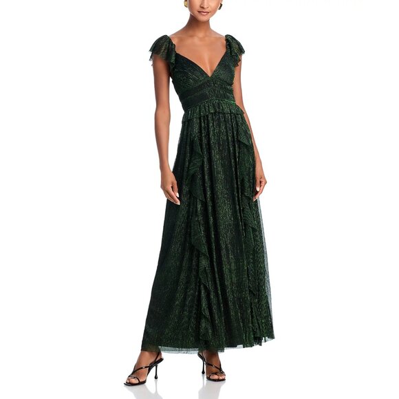 AQUA x WICKED 💚 Metallic Ruffled Holiday Party Maxi Dress, Black/Green, NWT - Picture 1 of 16